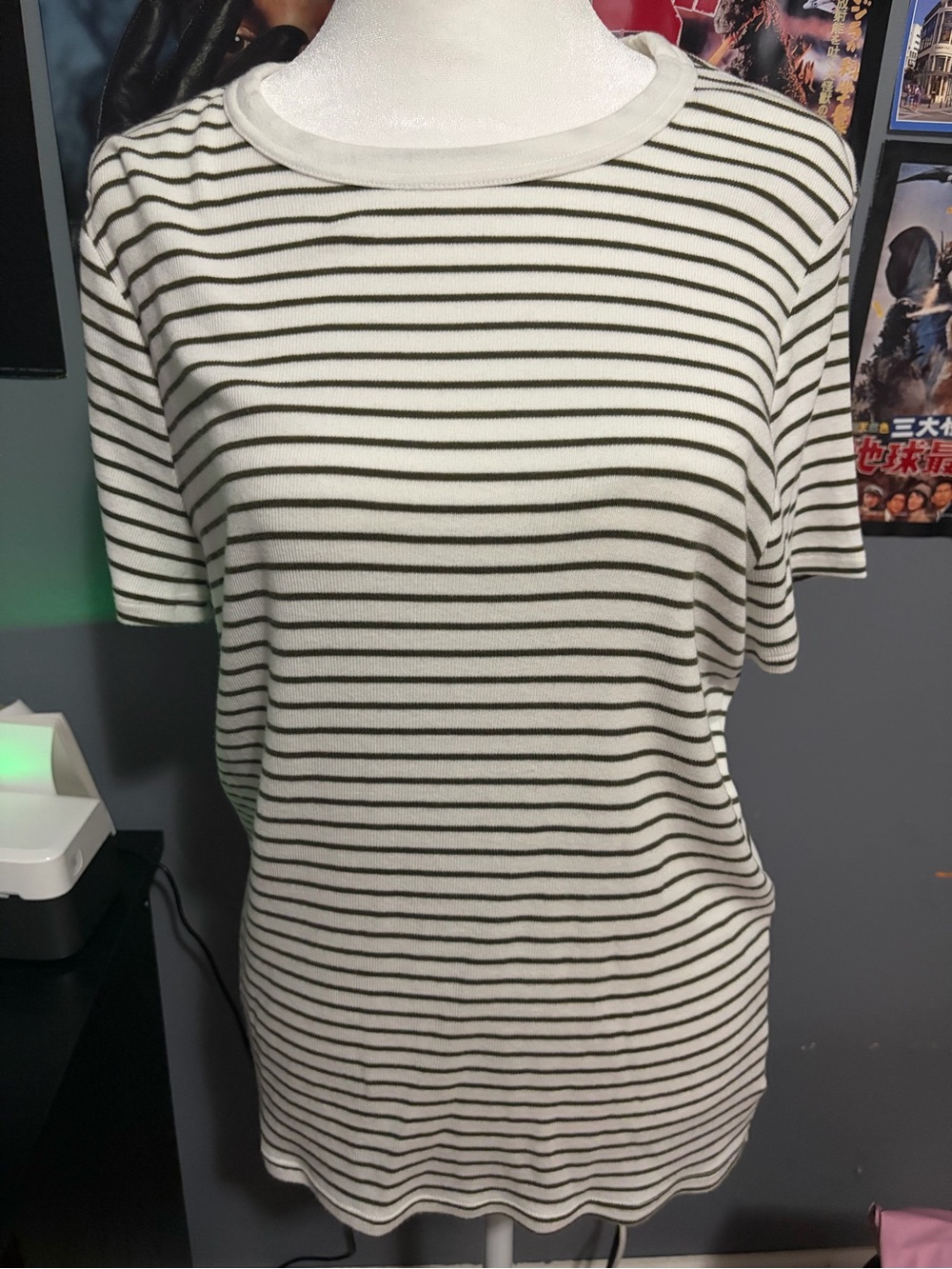 Time and Tru Cream Short Sleeve Tee with Black Stripes